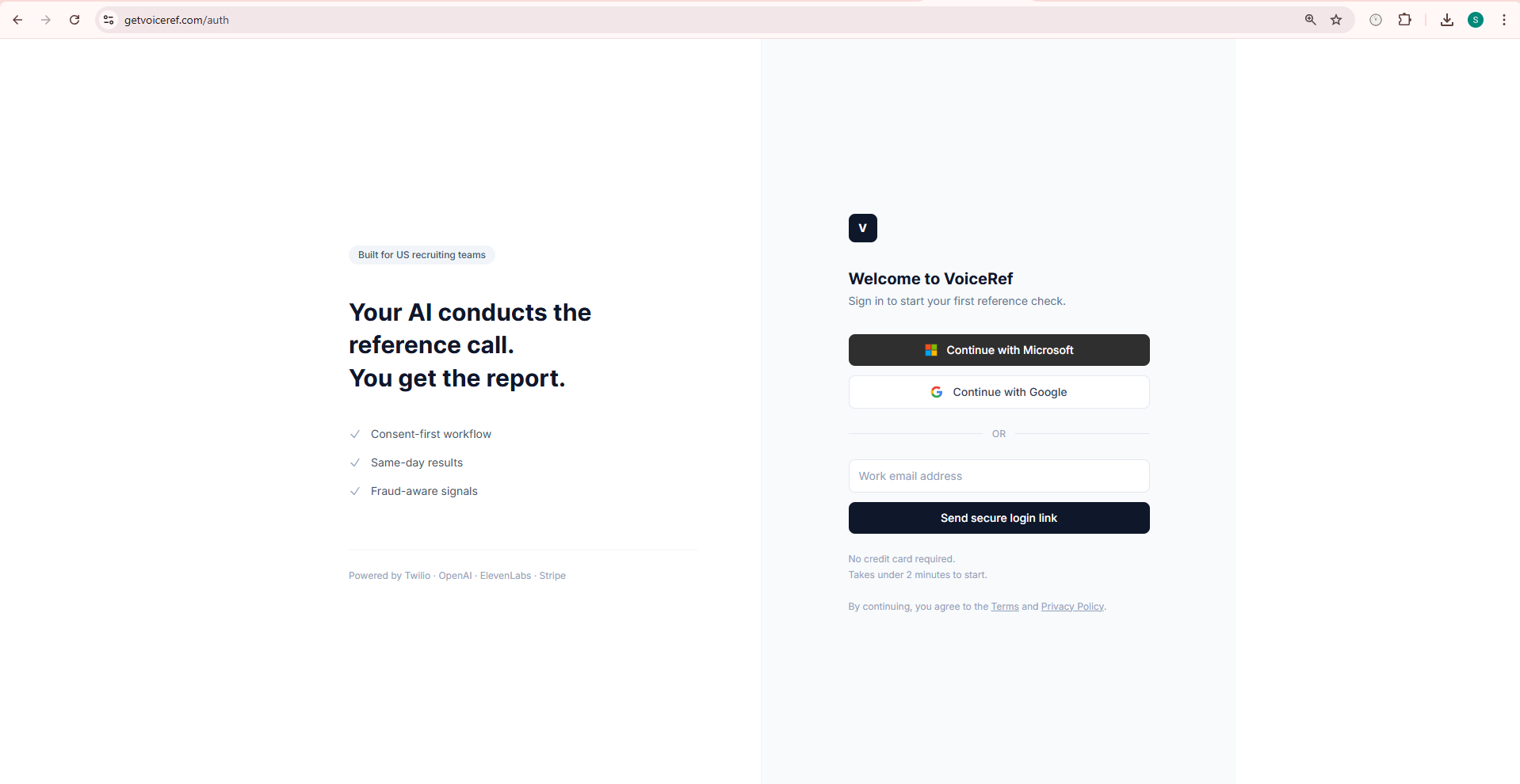 VoiceRef login screen showing Google and Microsoft OAuth options