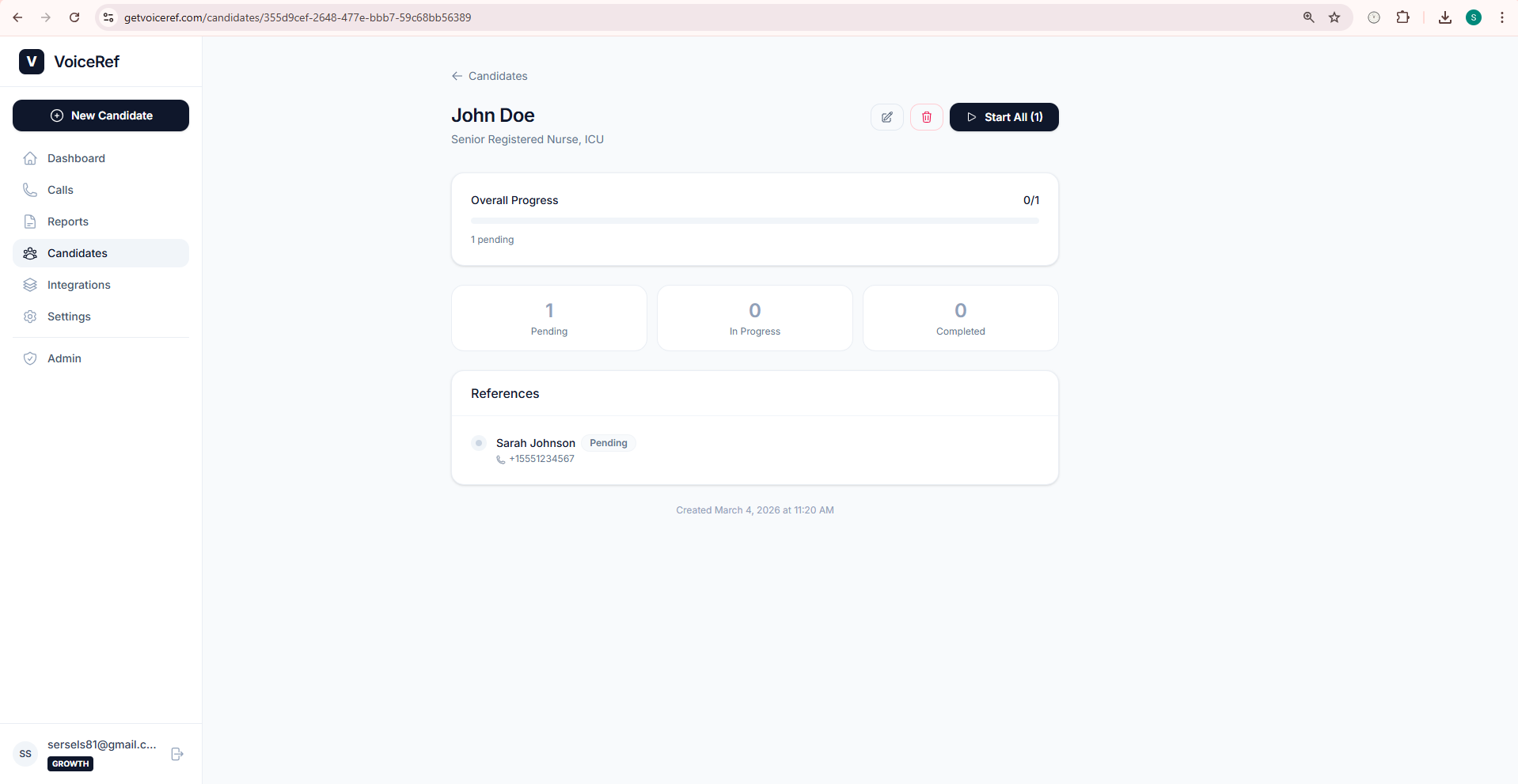 VoiceRef candidate page showing the Start All button
