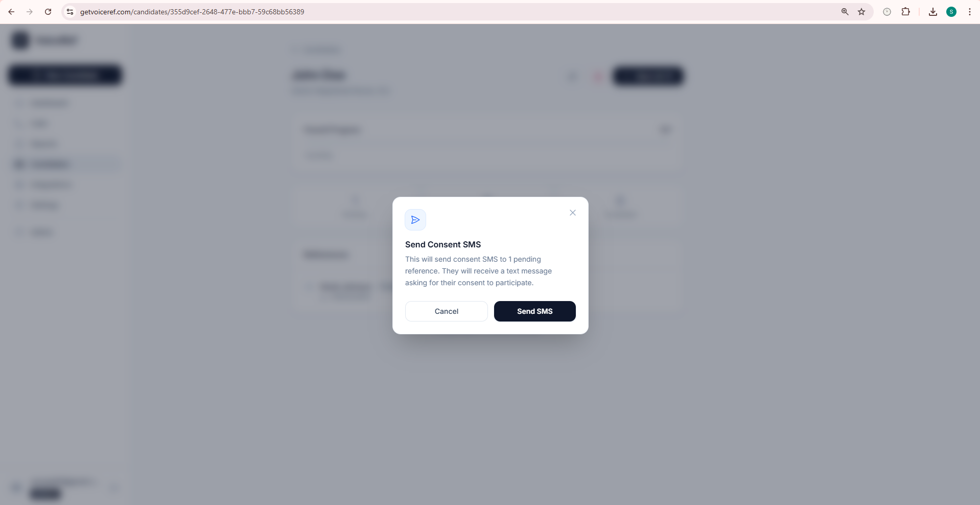 VoiceRef Send Consent SMS confirmation dialog