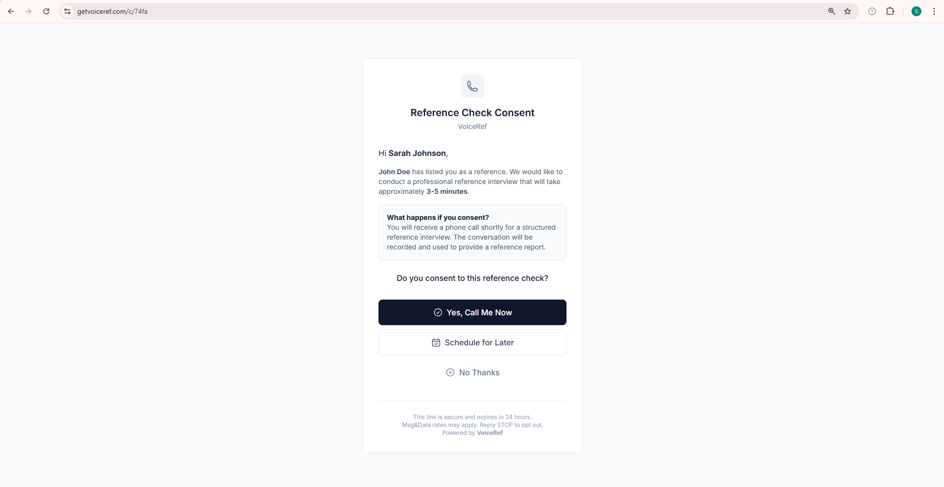 VoiceRef web consent page showing Yes, Schedule, and No Thanks options